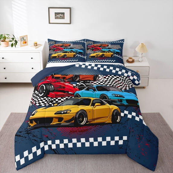 Manfei Sports Cars Full Size Comforter Sets,Checkered Racing Flags Bedding Comforter Set,Blue,Navy Blue Reversible,3pcs,1 Comforter and 2 Pillowcases