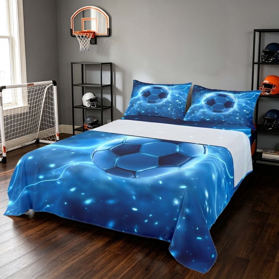 Manfei Sports Cartoon Football King Sheets, Galaxy Lightning Bedding, Darkblue Lightblue 4-Piece(1 Flat Sheet, 1 Fitted Sheet and 2 Pillowcases)