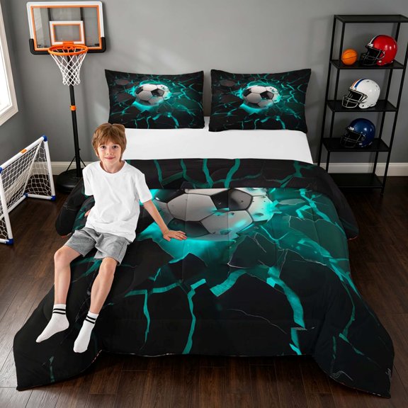 Manfei Sports Football Queen Comforter Set, Glowing Lightning Comforter Sets Queen, Green Crack Glow, Black Reversible 3-Piece 1 Comforter and 2 Pillowcases