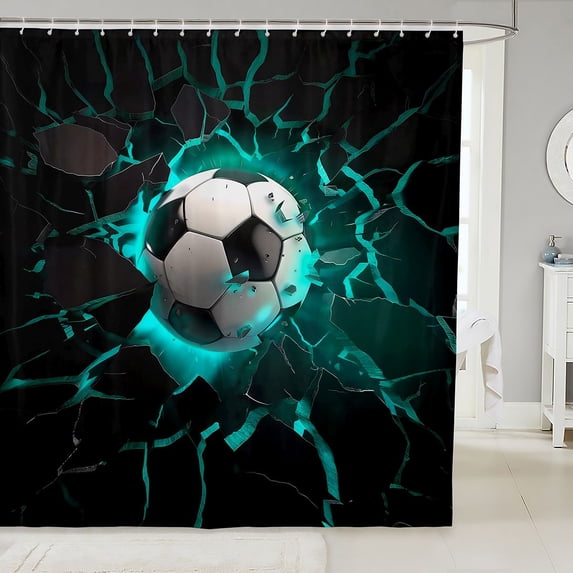 Manfei Sports Football Shower Curtain 72Wx72L, Glowing Lightning Bathroom Curtain, Green Crack Glow