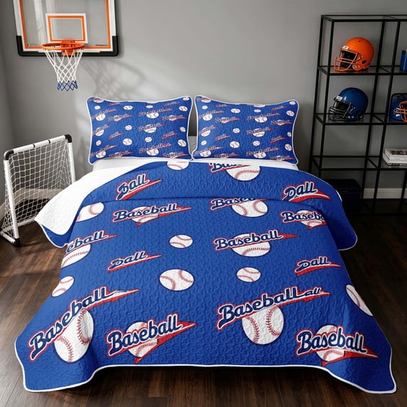 Manfei Sports Quilt King, Baseball Game King Coverlet Set, Royal Blue Red, Navy Reversible 3-Piece, 1 Bedspread and 2 Pillowcases