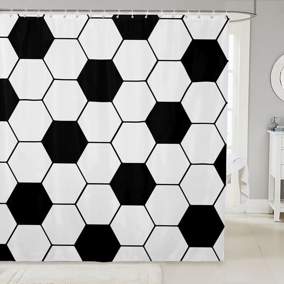 Manfei Sports Shower Curtain 72Wx72L, Soccer Bathroom Curtain, Black White 06