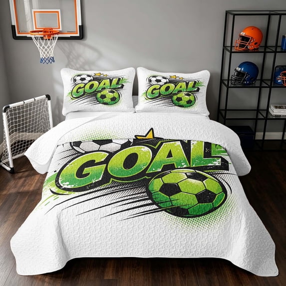 Manfei Sports Soccer Bed Spread Queen, Goal Print Queen Coverlet Set, Green Multicolor, Reversible 3pcs, 1 Quilt and 2 Pillowcases
