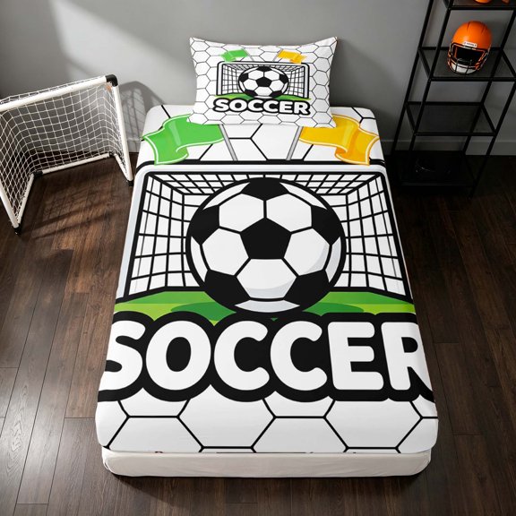 Manfei Sports Soccer Twin Fitted Sheet, Geometric Honeycomb Bedding, Multicolor White 2pcs, 1 Fitted Sheet and 1 Pillowcase