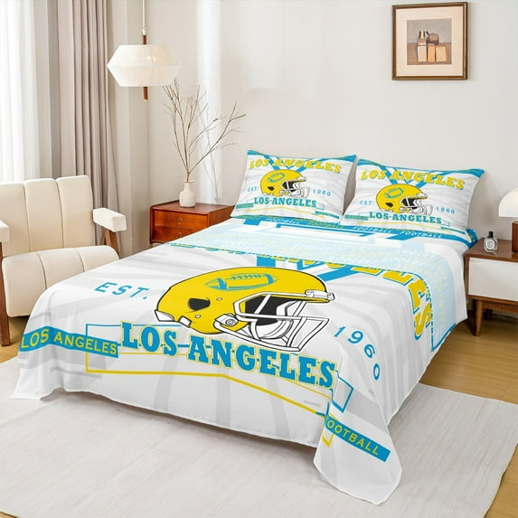 Manfei Sports Theme Bed Sheets Queen,American Football Bedding Queen Size,Los Angeles Sheet Set Queen For Kids Boys,Microfiber Bedroom Decorative,4-Piece