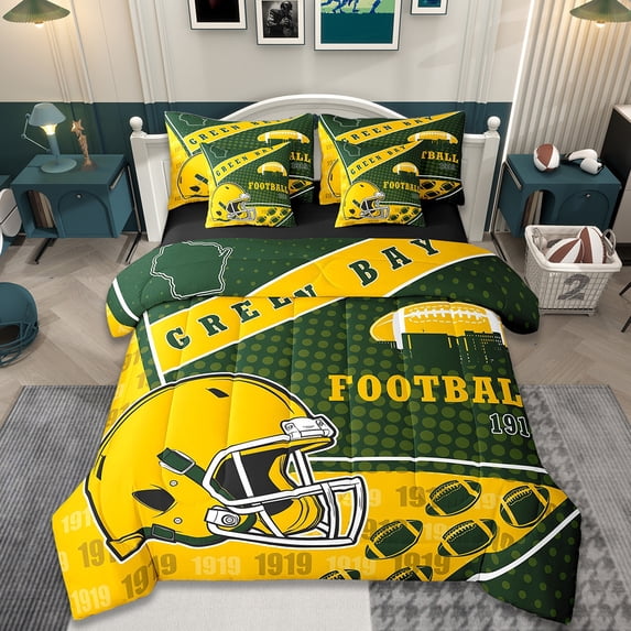 Manfei Sports Theme Bedding Comforter Set 7pcs,American Ball Sport Queen Bedding Sets,Green Bay Queen Sheet Sets For Kids Boys,Microfiber Bedroom Decorative Reversible