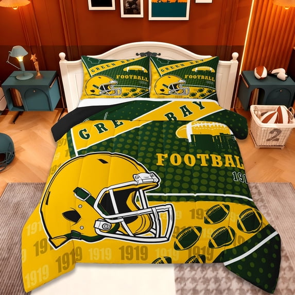 Manfei Sports Theme Full Size Comforter Sets,American Rugby Games Bedding Comforter Set,Green Bay Bedding Sets For Kids Boys,Microfiber Bedroom Decorative Reversible,3 Pieces