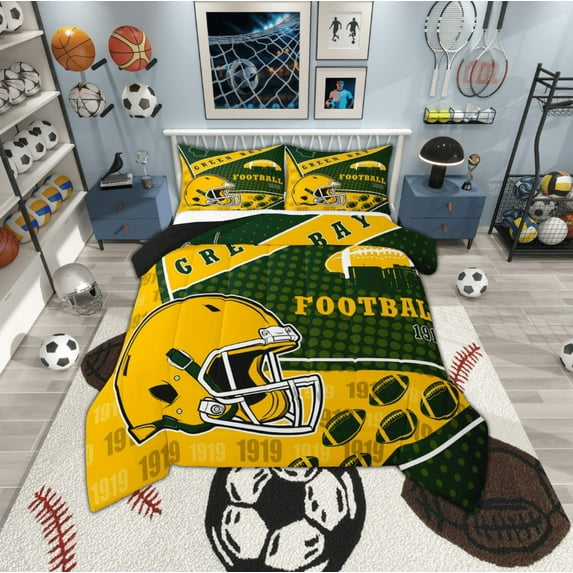 Manfei Sports Theme Full Size Comforter Sets,American Rugby Games Bedding Comforter Set,Green Bay Bedding Sets For Kids Boys,Microfiber Bedroom Decorative Reversible,3 Pieces