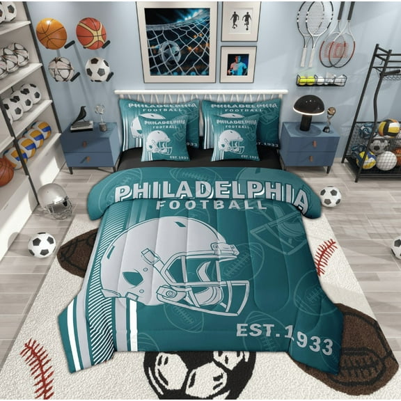 Manfei Sports Theme Twin Bedding Sets 7-Piece,American Ball Sport Bedding Comforter Set,Philadelphia Sheet Sets For Child Boys,Microfiber Bedroom Decorative,Reversible