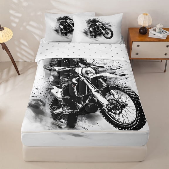Manfei Sporty Dirt Bike Zipper Twin Comforter Sets with Fitted Sheet and 2 Pillowcases,Extreme Games Zipper Bedding Set,White,Reversible,4pcs
