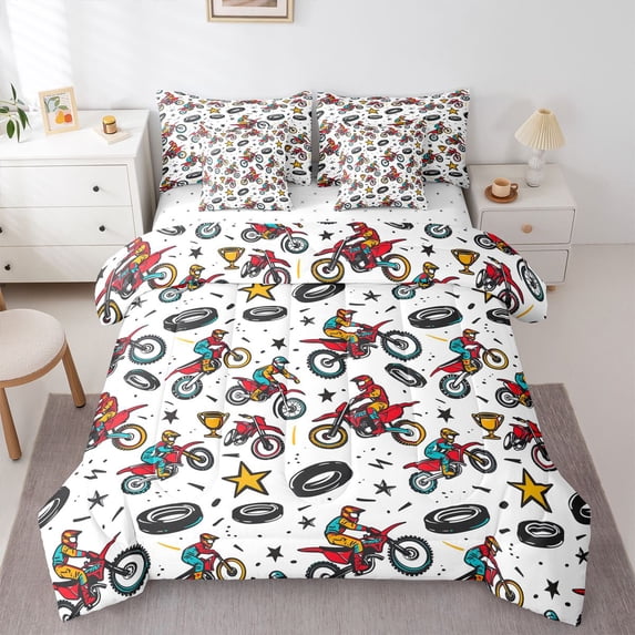 Manfei Sporty Motocross 7-Piece Twin Bedding,Cute Stars Bedding Comforter Set,White,Reversible