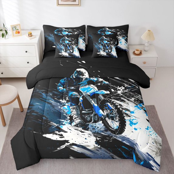 Manfei Sporty Motocross 7-Piece Twin Bedding,Speed Theme Bedding Comforter Set,Blue,Black Reversible