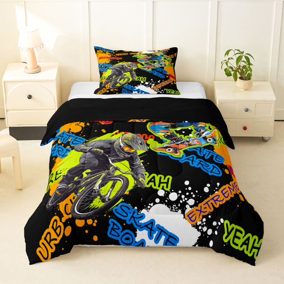 Manfei Sporty Motorbike Twin Comforter Sets,Colorful Letter Print Bedding Set,Black Reversible,2pcs,1 Comforter and 1 Pillowcase