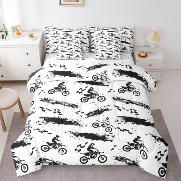 Manfei Sporty Motorcycle 7-Piece Twin Bedding,Checkerboard Pattern Bedding Comforter Set,White,Reversible