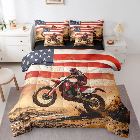 Manfei Sporty Motorcycle 7-Piece Twin Bedding,Retro American Flag Bedding Comforter Set,Blue Red White,Black Reversible