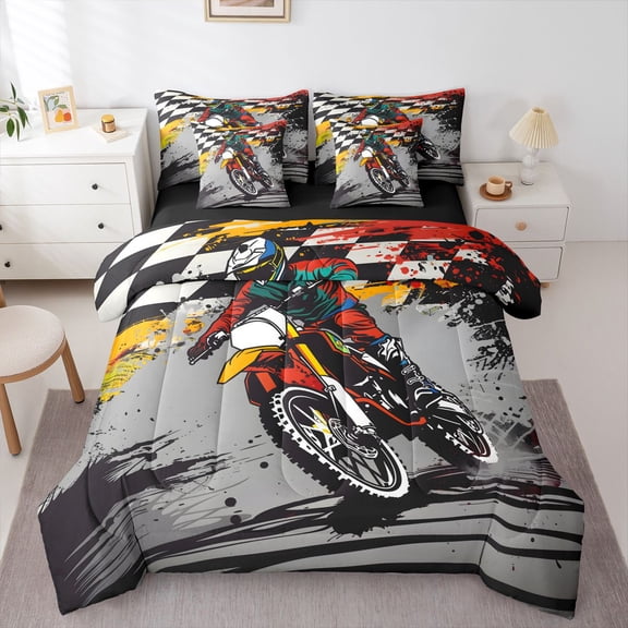 Manfei Sporty Motorcycle 7pcs Queen Bedding,Checkerboard Pattern Bedding Comforter Set Queen,Gray,Black Reversible