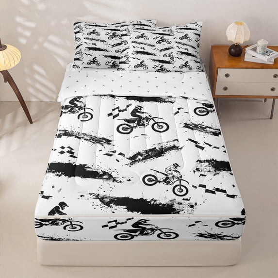 Manfei Sporty Motorcycle Zipper Full Size Comforter Sets with Fitted Sheet and 2 Pillowcases,Checkerboard Pattern Zipper Bedding Set,White,Reversible,4pcs