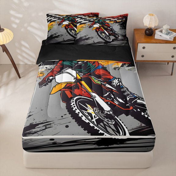 Manfei Sporty Motorcycle Zipper Twin Comforter Sets with Fitted Sheet and 2 Pillowcases，Checkerboard Pattern Zipper Bedding Set，Gray,Black Reversible,4pcs