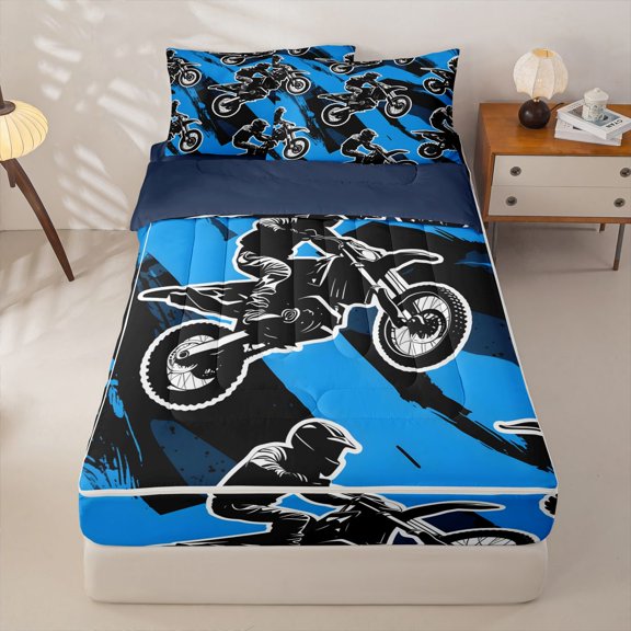 Manfei Sporty Motorcycle Zipper Twin Comforter Sets with Fitted Sheet and 2 Pillowcases,Extreme Games Zipper Bedding Set,Blue,Navy Blue Reversible,4pcs
