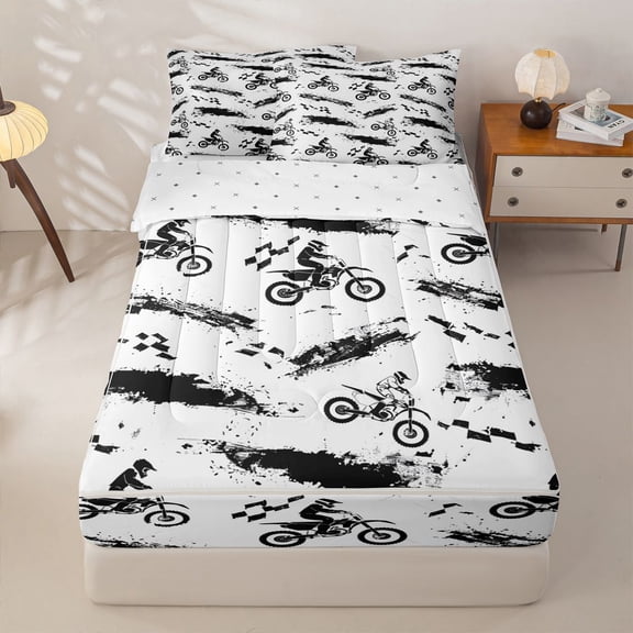 Manfei Sporty Motorcycle Zipper Twin Comforter Sets with Fitted Sheet and 2 Pillowcases,Checkerboard Pattern Zipper Bedding Set,White,Reversible,4pcs
