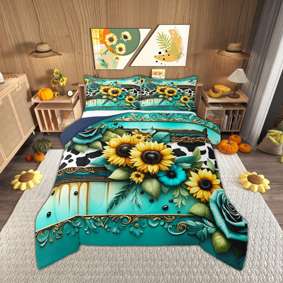 Manfei Spring Flower Floral Bedding Sets King with Comforter, Chic Sunflower Rose Duvet Insert, Teal Damask Barn Door Comforter Sets King Size, Breathable Room Decorative, 3pcs Reversible