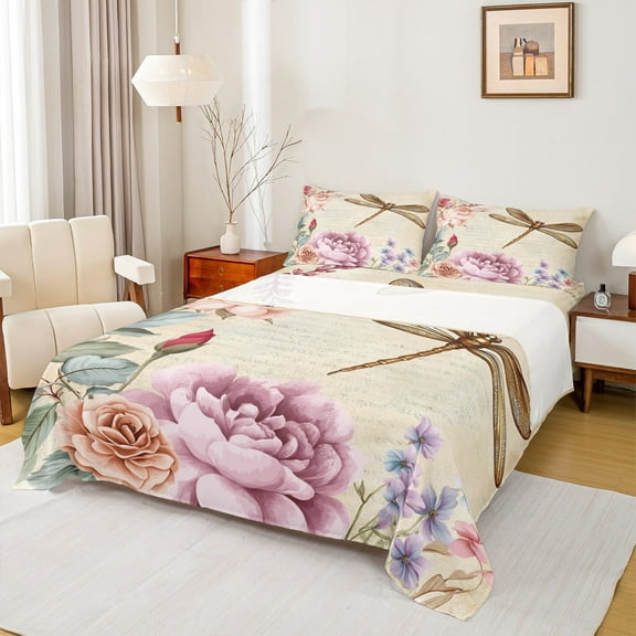 Manfei Spring Garden Floral Bed Sheets, Farmhouse Dragonfly Animal King Sheets, Vintage French Style Sheet Set, Luxury Bedroom Decor, 4 Pieces
