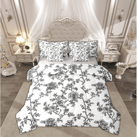Manfei Spring Garden Floral Bedding Comforter Set 7-Piece, Farmhouse Flower King Bedding Sets, Vintage French Style Reversible Bed Sheets, Microfiber Bedroom Decor
