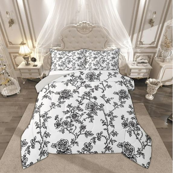 Manfei Spring Garden Floral Queen Comforter Set, Farmhouse Flower Bedding Comforter Set, Vintage French Style Reversible Bedding Set, Microfiber Bedroom Decor, 3 Pieces