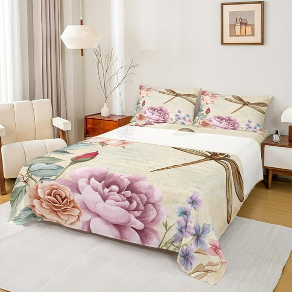 Manfei Spring Garden Floral Twin Sheet Sets, Farmhouse Dragonfly Animal Twin Fitted Sheet, Vintage French Style Flat Sheet, Luxury Bedroom Decor, 3 Pieces