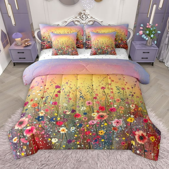 Manfei Spring Graden 7 Pieces Bedding Comforter Set for Boys Girls,Abstract Gradient Full Bedding Set Lightweight,Botanical Plants Fitted Sheet Flat Sheet,Lightweight Room Decor