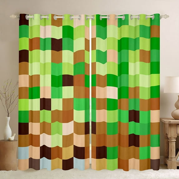 Homewish Square Buffalo Kids Black Out Curtains, Cartoon Building Gamers Curtains Pack of 2 (42x63 Each), Brown Green Block Patchwork Bedroom Curtains, Black Out Curtains Decor