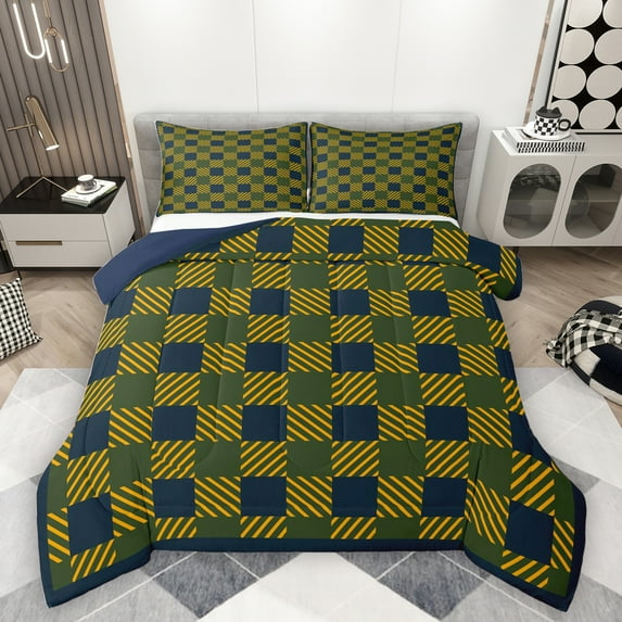 Homewish Square Buffalo Plaid Bedding Comforter Set, Yellow Green Stripes Abstract Twin Comforter Sets, Chic Vintage Fashion Reversible Bedding Set, Ultra Soft Bedroom Decor, 2 Pieces