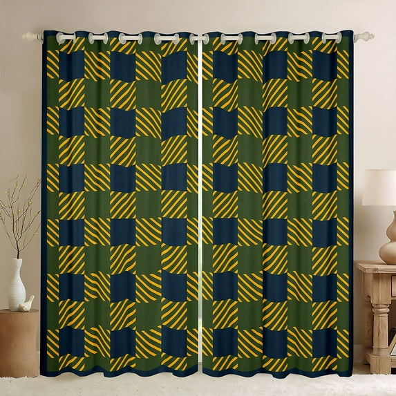 Manfei Square Buffalo Plaid Blackout Curtains Set of 2 (52x84 Each), Yellow Green Stripes Abstract Window Curtains, Chic Vintage Fashion Curtains and Drapes, Living Room Curtains Decor