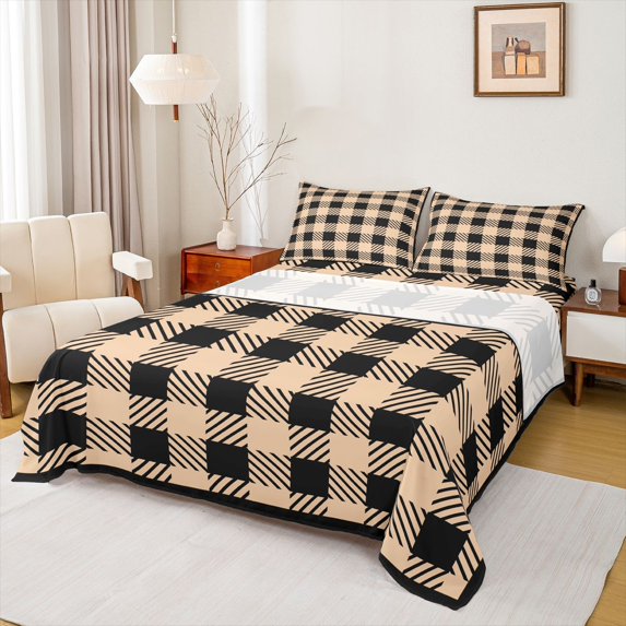 Homewish Square Buffalo Plaid Twin Sheet Sets, Black Wheat Stripes Abstract Twin Fitted Sheet, Chic Vintage Fashion Flat Sheet, Ultra Soft Bedroom Decor, 3 Pieces