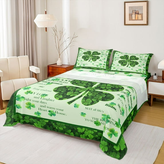 Manfei St.Patrick Day Bed Sheets,Four Leaf Clover King Sheets,Lucky Green Flower Sheet Set For Girls Kids,Microfiber Bedroom Decor,4 Pieces