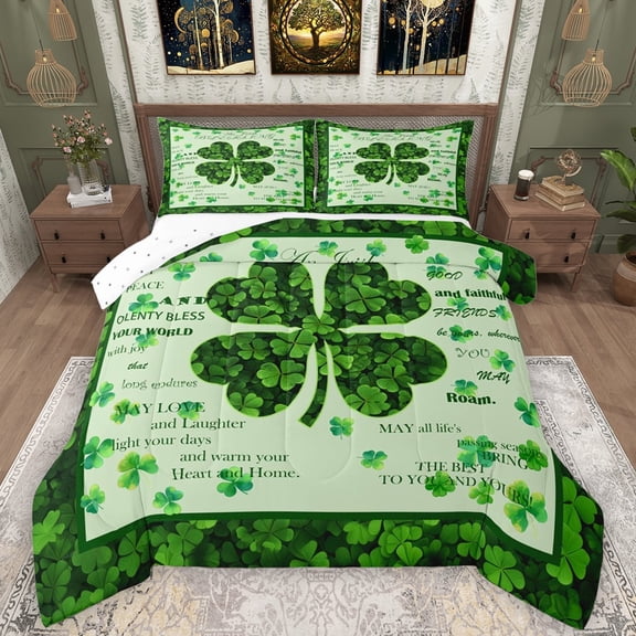Manfei St.Patrick Day Queen Comforter Set,Four Leaf Clover Bedding Sets,Lucky Green Flower Bedding Comforter Set For Girls Kids,Microfiber Bedroom Decor Reversible,3-Piece