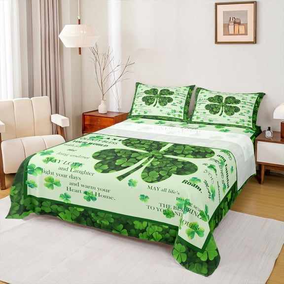 Manfei St.Patrick Day Queen Sheet Sets,Four Leaf Clover Flat Sheet,Lucky Green Flower Queen Fitted Sheet For Girls Kids,Microfiber Bedroom Decor,4-Piece