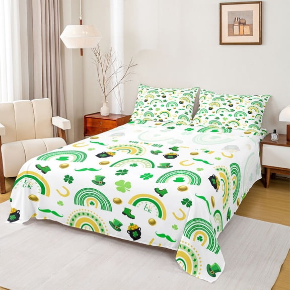 Manfei St.Patrick Day Twin Sheet Sets,Four Leaf Clover Twin Fitted Sheet,Green Rainbow Striped Flat Sheet For Girl Boys,Super Cozy Room Decor,3-Piece