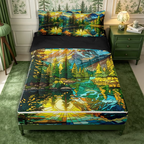 Manfei Stained Glass Alpine Camping Pattern Zipper Queen Comforter Set with Fitted Sheet and 2 Pillowcases,Sunlit Mountain River Print Zipper Bedding Set,Yellow Teal,Reversible