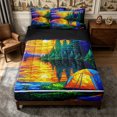 thumbnail image 1 of Manfei Stained Glass Lakeside Tent Pattern Zipper Full Size Comforter Sets with Fitted Sheet and 2 Pillowcases,Sunset Pine Forest Print Zipper Bedding Set,Yellow Green Blue,Reversible, 1 of 7