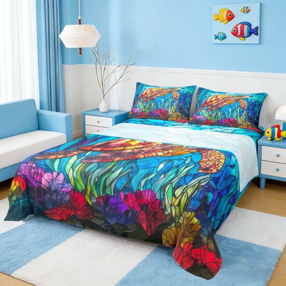 Manfei Stained Glass Sea Turtle Full Size Sheets for Kids Boys and Girls, Underwater Coral Bed Sheets 4pcs, 1 Flat Sheet, 1 Fitted Sheet and 2 Pillowcases
