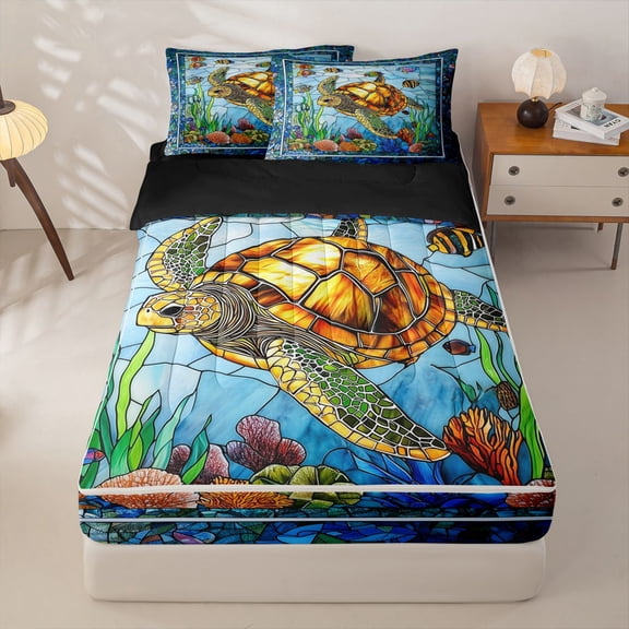 Manfei Stained Glass Sea Turtle Zipper Twin Comforter Sets with Fitted Sheet and 2 Pillowcases for Kids Boys and Girls, Fish Underwater Coral Zipper Bedding Set, Black Reversible, 4pcs