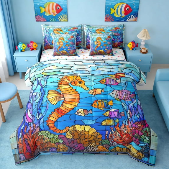 Manfei Stained Glass Seahorse Fish Bedding Comforter Set for Kids Boys and Girls, Underwater Coral King Bedding Sets, Stars Reversible 7-Piece