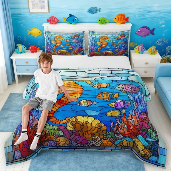 Manfei Stained Glass Seahorse Fish Full Size Comforter Sets for Kids Boys and Girls, Underwater Coral Bedding Sets, Stars Reversible 3-Piece, 1 Comforter and 2 Pillowcases