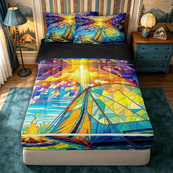 Manfei Stained Glass Wilderness Tent Pattern Zipper Full Size Comforter Sets with Fitted Sheet and 2 Pillowcases,Mountain Sunset Lake Print Zipper Bedding Set,Blue Yellow,Reversible