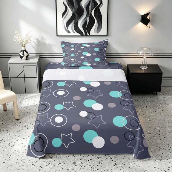 Manfei Star Circle Twin Sheets, Simple Abstract Bedding, Teal Gray, Gray Reversible 3 Pieces1 Flat Sheet + 1 Fitted Sheet + 1 Pillowcase