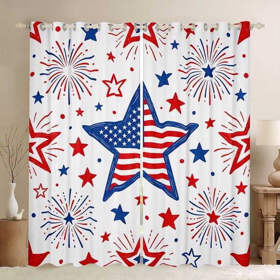 Manfei Star Firework Kitchen Curtains, Patriotic July Fourth Black Out Curtains Pack of 2 (42x63 Each), White