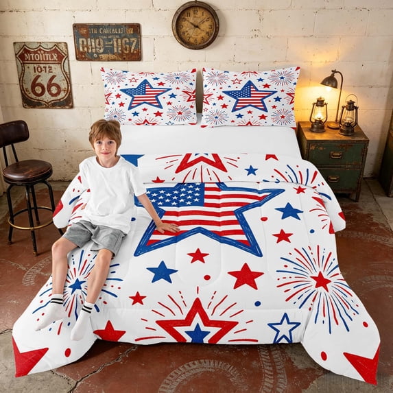 Manfei Star Firework Queen Comforter Set, Patriotic July Fourth Comforter Sets Queen, White, Navy Reversible 3-Piece, 1 Comforter and 2 Pillowcases