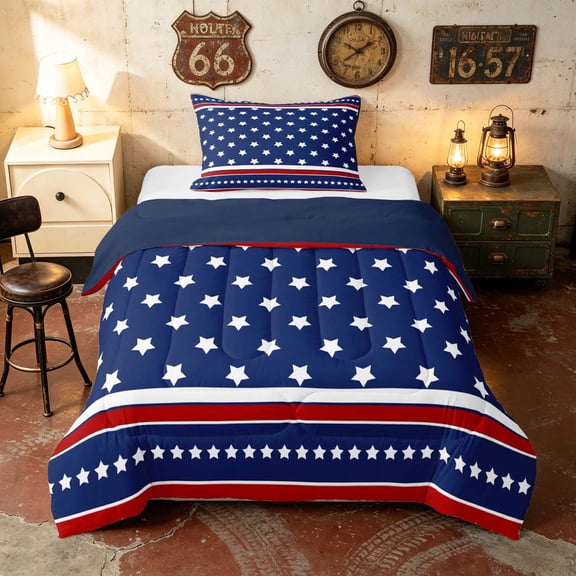 Manfei Star Stripe Border Twin Comforter Sets, Patriotic American Flag Bedding Set, Red White Blue, Navy Reversible 2pcs, 1 Comforter and 1 Pillowcase