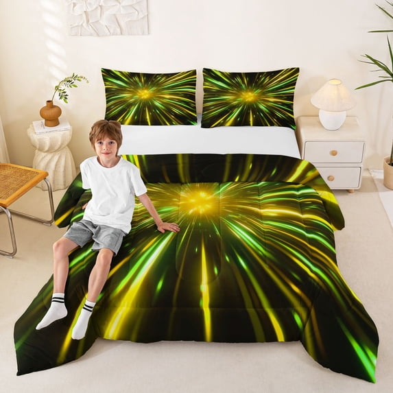Manfei Starburst Light Full Size Comforter Sets, Geometric Bedding Comforter Set, Yellow and Green, Black Reversible 3 Pieces, 1 Comforter and 2 Pillowcases